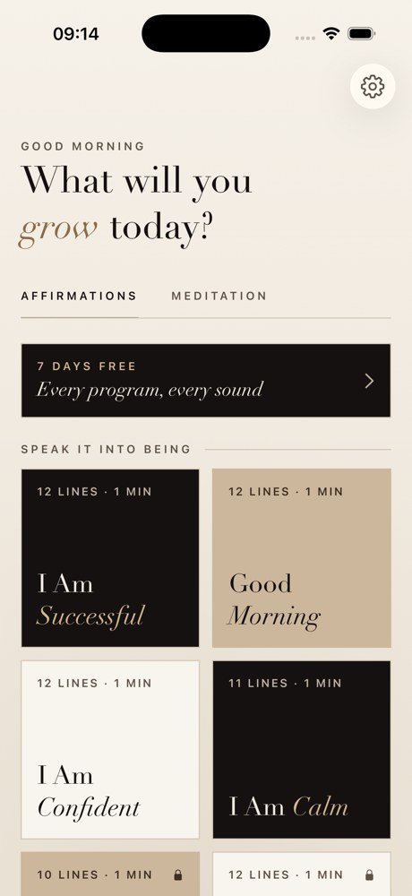 Affyelle home screen with affirmation sets shown as square covers